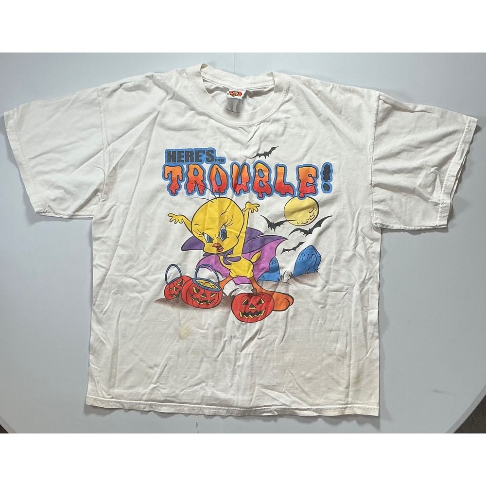 VTG Y2k Looney Tunes Halloween Tweety Pumkin Vampire Spooky 90 T Shirt XL White